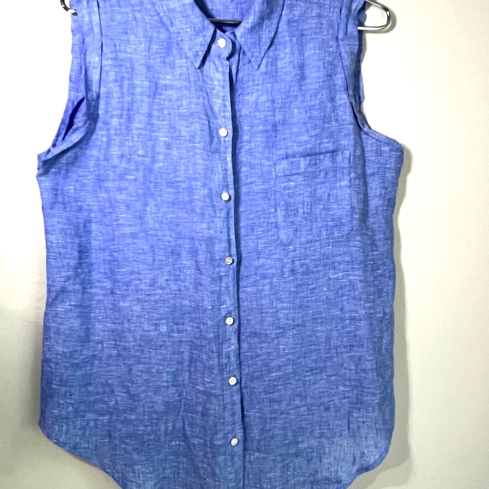 Sleeveless Button-Front Linen Top - Blue